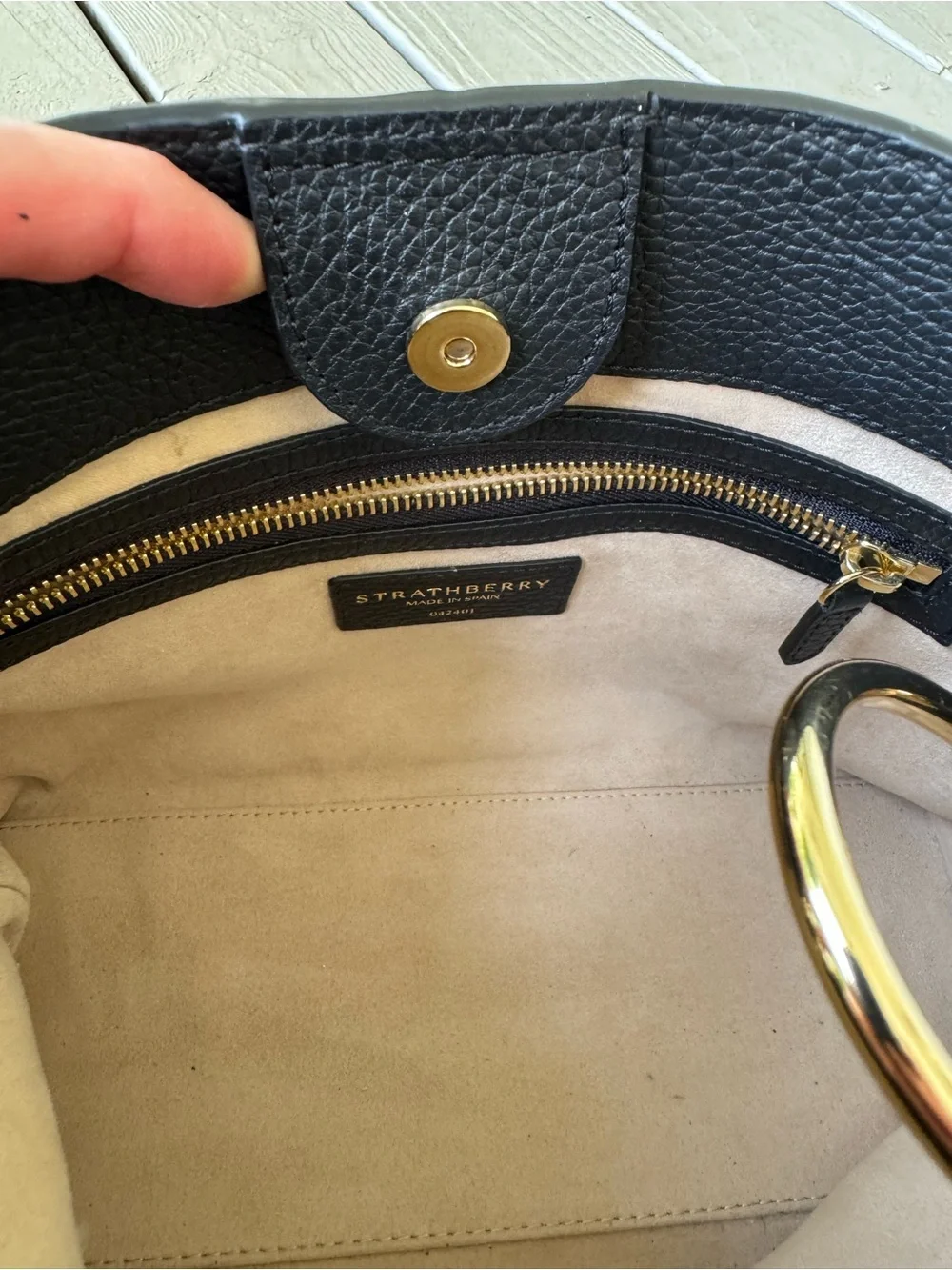 Strathberry Black Pebbled Leather Shoulder Hobo with Gold Hardware